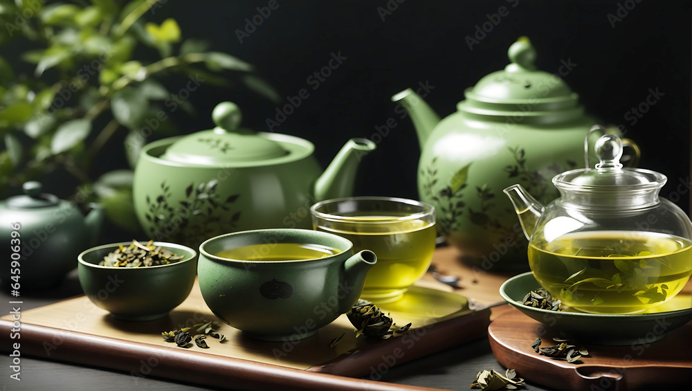 Hot herbal sedative green tea drink in a glass teapot on a wooden tray AI generated