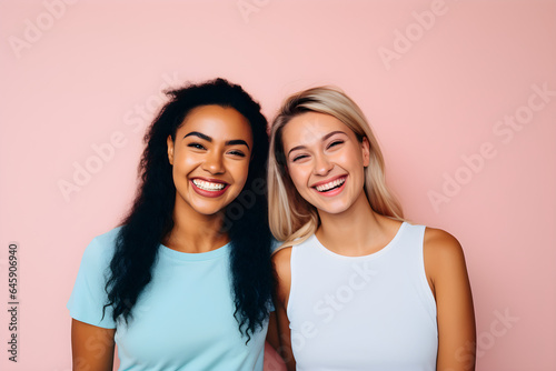 studio portrait of happy female friends smiling