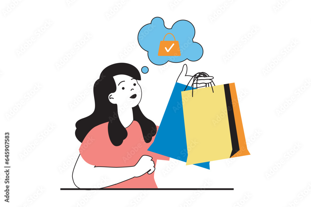 Shopping concept with people scene in flat web design. Woman with bags makes bargain purchases on seasonal sale, ordering goods online. Vector illustration for social media banner, marketing material. Shopping concept with people scene in flat web design. Woman with bags makes bargain purchases on seasonal sale, ordering goods online. Vector illustration for social media banner, marketing material.