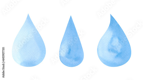 A drop of water. Watercolor illustration of a set of light, textured water droplets isolated on a white background. Hand-drawn. An element for design and decoration. The texture of watercolor on paper