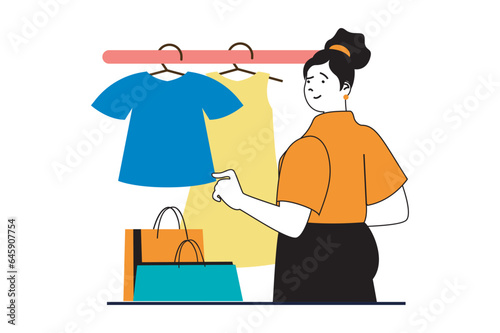 Shopping concept with people scene in flat web design. Woman with bag choosing clothes at showroom of boutique and dressing new outfit. Vector illustration for social media banner, marketing material.