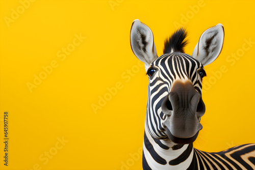 studio portrait of a zebra on yellow background