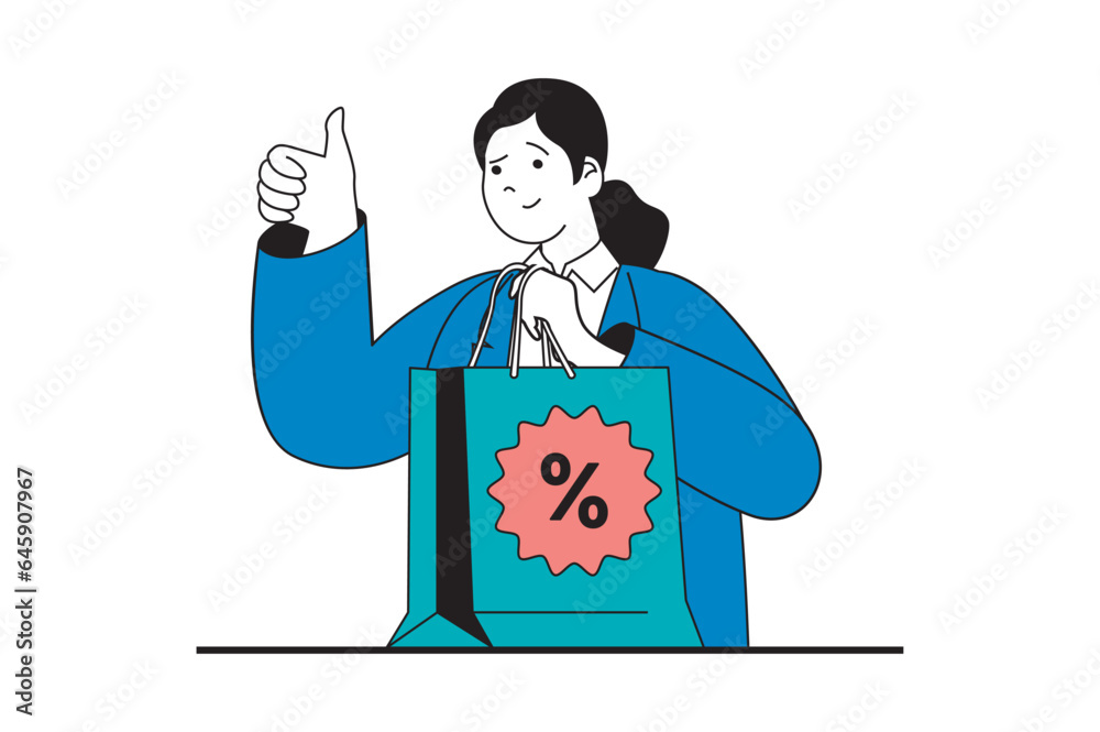 Fototapeta premium Shopping concept with people scene in flat web design. Woman making purchases and ordering new goods with discount prices at sale. Vector illustration for social media banner, marketing material.