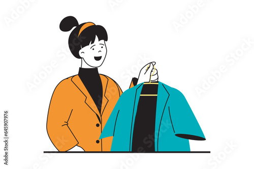 Shopping concept with people scene in flat web design. Woman holding clothing, trying on new outfit and buys at showroom of boutique. Vector illustration for social media banner, marketing material.