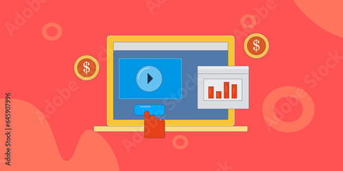 Making money from video content, Social media video content creator, Video content revenue, Digital video generating money, vector illustration concept.