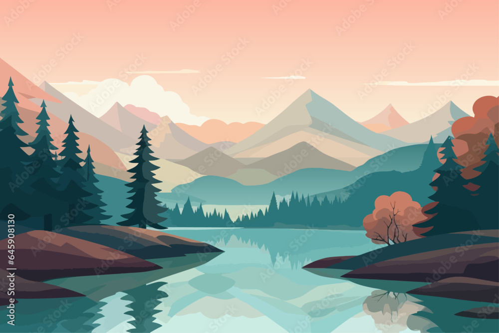 a mountain scenery with a lake and trees, beautiful vector landscape illustration, outdoor travel adventure