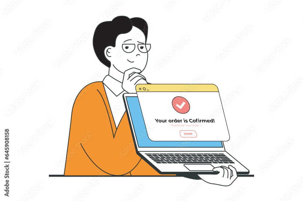 Shopping concept with people scene in flat web design. Man making purchases and getting order confirmed, paying online, using delivery. Vector illustration for social media banner, marketing material. Shopping concept with people scene in flat web design. Man making purchases and getting order confirmed, paying online, using delivery. Vector illustration for social media banner, marketing material.