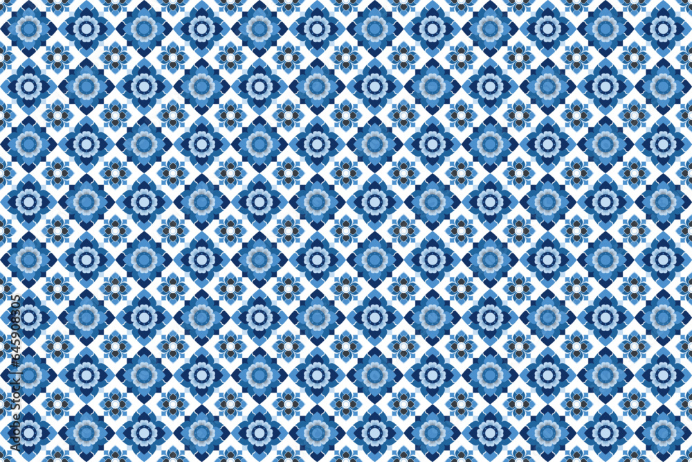 Abstract geometric seamless pattern with square Thai style flower in blue on white background.Vector illustration.For masculine shirt lady dress textile wrapping wallpaper sportswear 