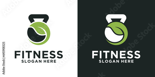 Kettlebell logo design, fitness nutrition. fitness healthy food logo. combination of Kettlebell and green leaf icon.