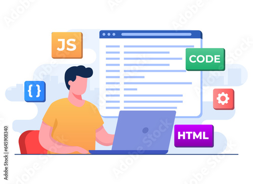 Web developer wiring code or program using laptop, Computer programming, Java, HTML symbols, Web design, Software, application design, programming languages, developing, website