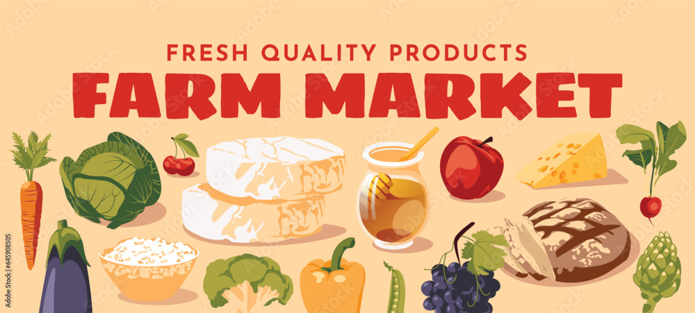 set of fresh vegetables and agricultural harvest products. Cheese, cottage cheese, vegetables, honey, cheese, bread Farm and agricultural market or festival poster, postcard. Vector flat illustration