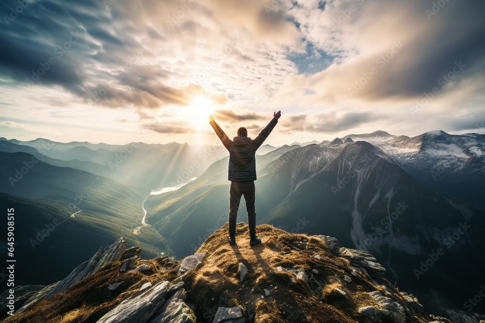 Triumphant Man Celebrating Atop a Mountain, Arms Raised in Victory Triumphant Man Celebrating Atop a Mountain, Arms Raised in Victory