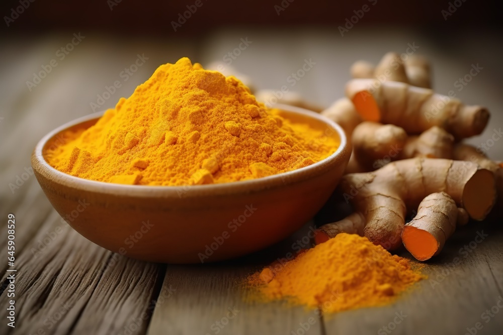 Turmeric Powder in a Wooden Bowl Turmeric Powder in a Wooden Bowl
