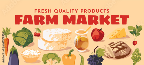 set of fresh vegetables and agricultural harvest products. Cheese, cottage cheese, vegetables, honey, cheese, bread Farm and agricultural market or festival poster, postcard. Vector flat illustration