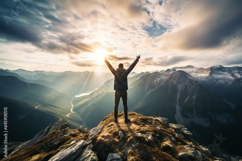 Triumphant Man Celebrating Atop a Mountain, Arms Raised in Victory