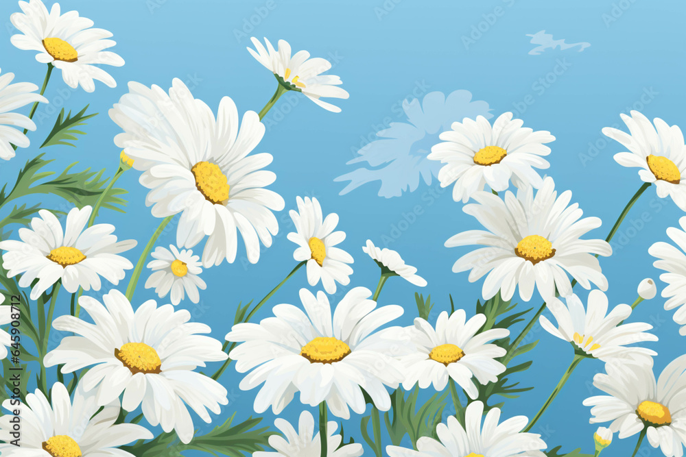 floral pattern of white daisies blue background, green leaves floral pattern of white daisies blue background, green leaves