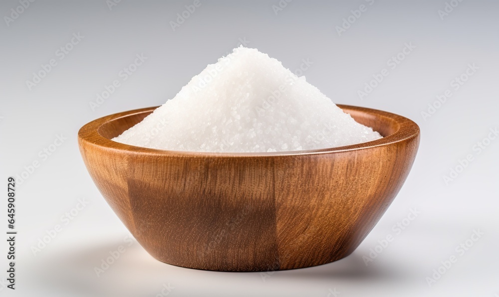 White Salt Presented in a Wooden Bowl Against a Clear White Background White Salt Presented in a Wooden Bowl Against a Clear White Background
