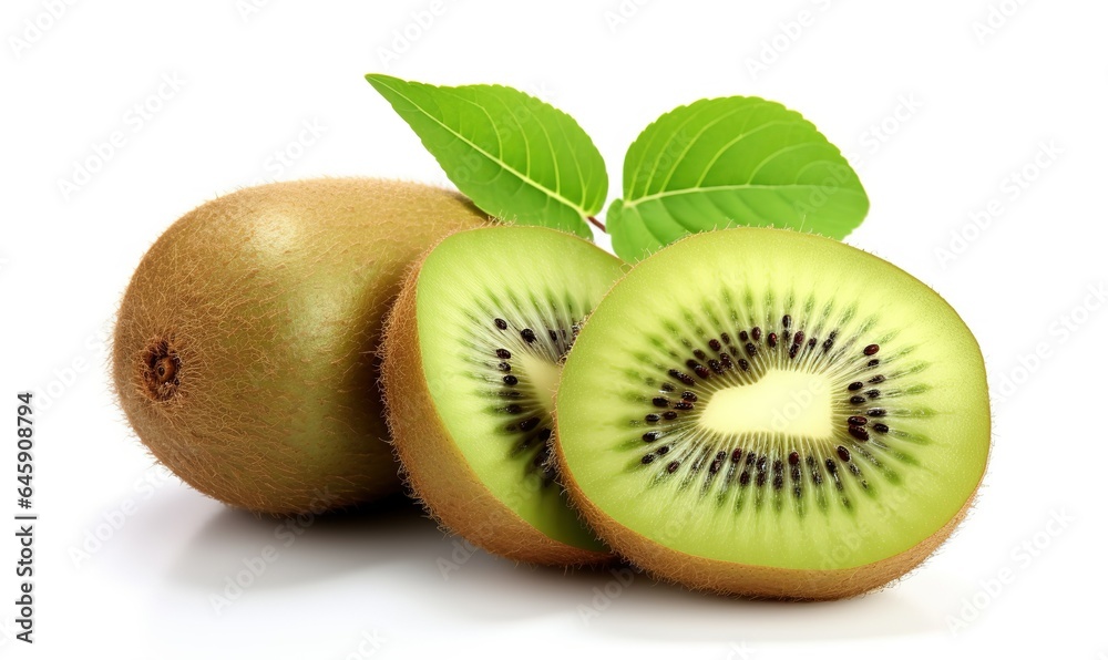 Fototapeta premium Kiwi Fruit, Complete with Leaf and Slices, Set Against a White Backdrop