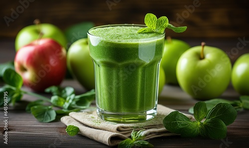 Nutritious Green Smoothie with Apples Served in a Glass on a Wooden Background