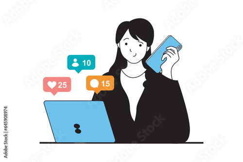 Social media marketing concept with people scene in flat web design. Woman making new posts, collects likes and comments, adds friends. Vector illustration for social media banner, marketing material.