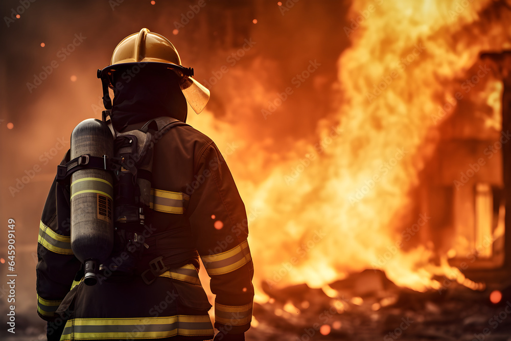 fireman with fire flame in an emergency situation in background., under danger situation all firemen wearing fire fighter suit for safety