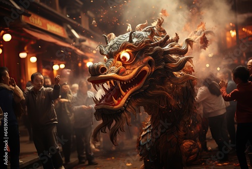 People following the dragon dance at street. AI Generated.