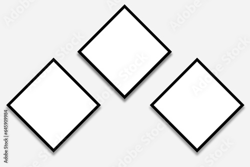 3 Blank white square photo frames template with black borders in a simple layout. Used as a printable photo collage or a mock up for album pictures or photographs collection in a clean creative style.