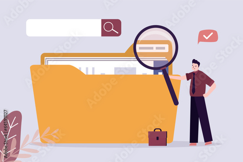 Quick and easy search for files and folders. Smart businesswoman holding magnifying glass and standing next to big yellow folder and search bar. Indexing, database.