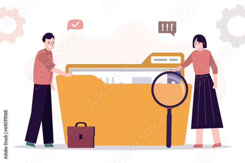 Quick and easy search for files and folders. Smart business people uses magnifying glass and standing near big yellow folder and search bar. Indexing, database concept. Teamwork.