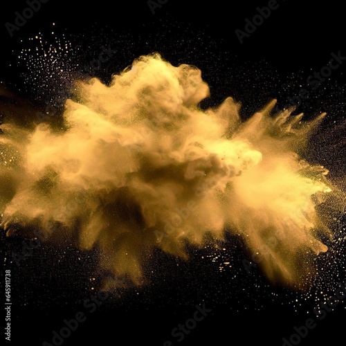 Golden powder explosion cloud on black background