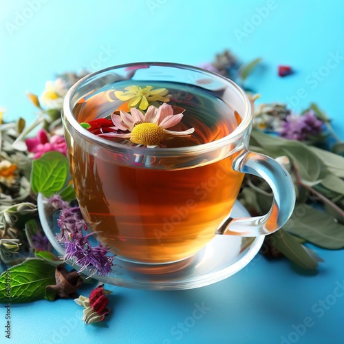 Herbal tea on blue background
