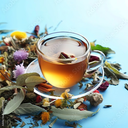 Herbal tea on blue background
