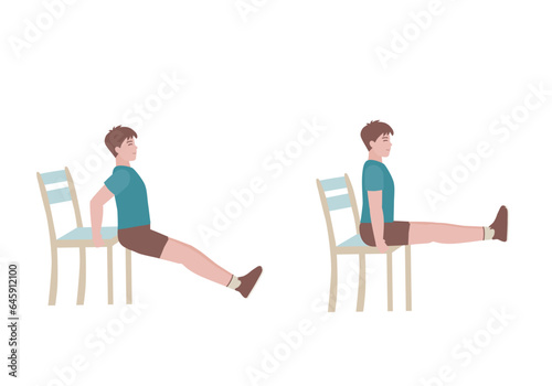 Exercises that can be done at-home using a sturdy chair.
Legs up until they are parallel with the ground. You need to keep legs as straight as possible. with Leg-Raise posture. Cartoon style.