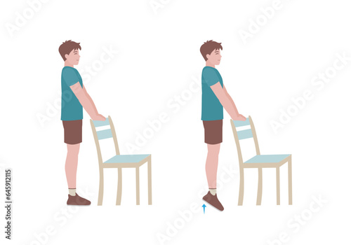 Exercises that can be done at-home using a sturdy chair.
Stand on a step so your heel can drop lower than the rest of your foot at the bottom of the movement. with Calf raises posture. Cartoon style.