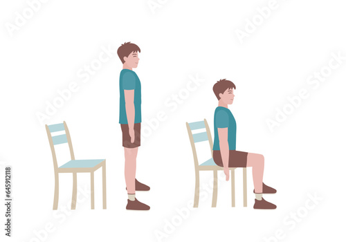 Exercises that can be done at-home using a sturdy chair.
Once standing, raise your head so you are looking forward and pull the shoulders down and back. Slowly lower yourself back down to sitting. 