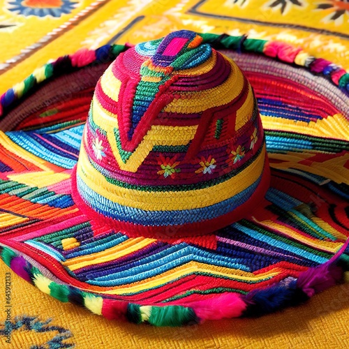 Multi colored traditional mexican sombrero on yellow rug