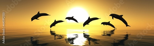 Dolphins in the sea playing at sunset  3D rendering