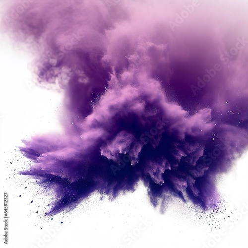 Purple powder explosion cloud on white background