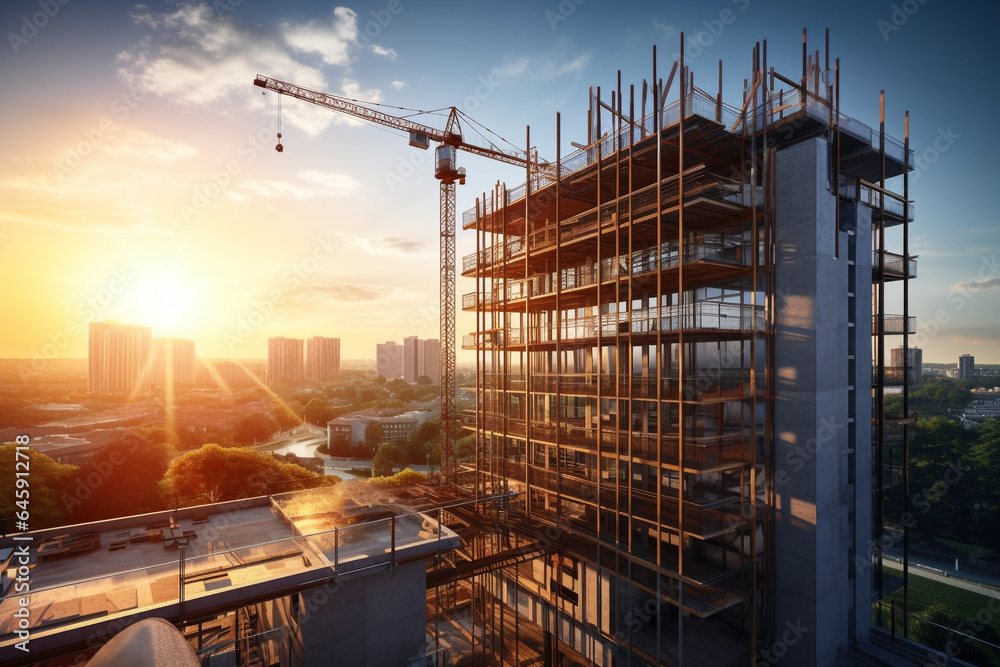 Underconstruction in real estate business with sun rise background - obrazy, fototapety, plakaty 