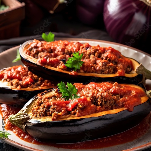 Turkish stuffed eggplants with ground beef and vegetables baked with tomato sauce