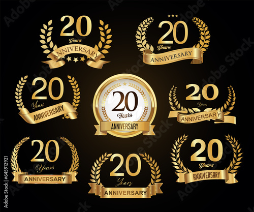 Collection of golden laurel wreaths anniversary badges vector illustration 