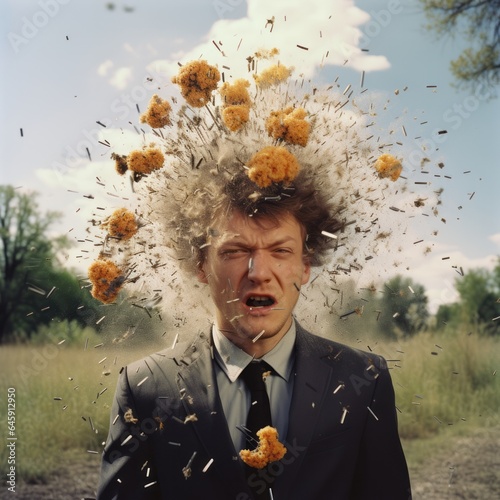 Man with exploding head, flowers explosion, wild head, crazy, weird, businessman, man having breakdown, man going crazy, insane, wild, losing it, intense, person, business, guy suit, nervous breakdown