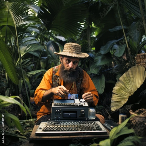 Retro Vintage Photograph of Revolutionary Man in Jungle with retro technology, Wild Man, Adventurer, Fidel, Che, Communist, Revolutionary, Hunter, Jungle Foliage, safari hat