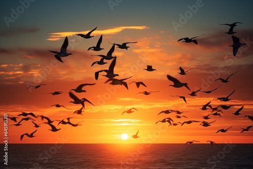 synchronized rhythm of a flock of birds, silhouetted against the deep hues of an October sunset