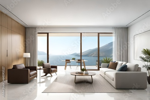 Generative AI Minimal style Modern white living room with blank white wall for copy space 3d render,The Rooms white floors ,decorated with brown furniture,There are large open sliding door Overlooking