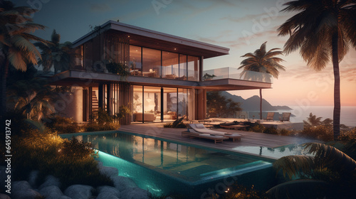 3d rendering of modern cozy house with pool and sea view for sunset generative ai