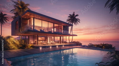 3d rendering of modern cozy house with pool and sea view for sunset generative ai © Graphicsstudio 5