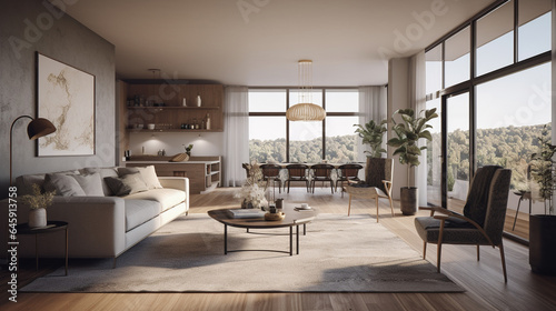 Interior of a modern living room with a panoramic window. 3d rendering generative ai