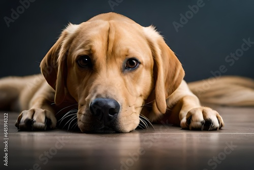 Portrait of cute labrador lying on the floor at home