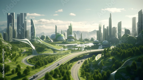 Beautiful panorama of the skyscrapers in the city. futuristic generative ai